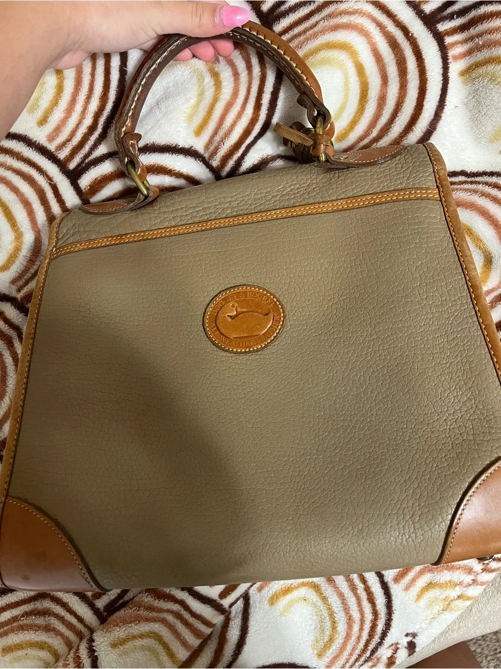 Dooney & Bourke Taupe Pebbled Leather Satchel with Tan Trim
